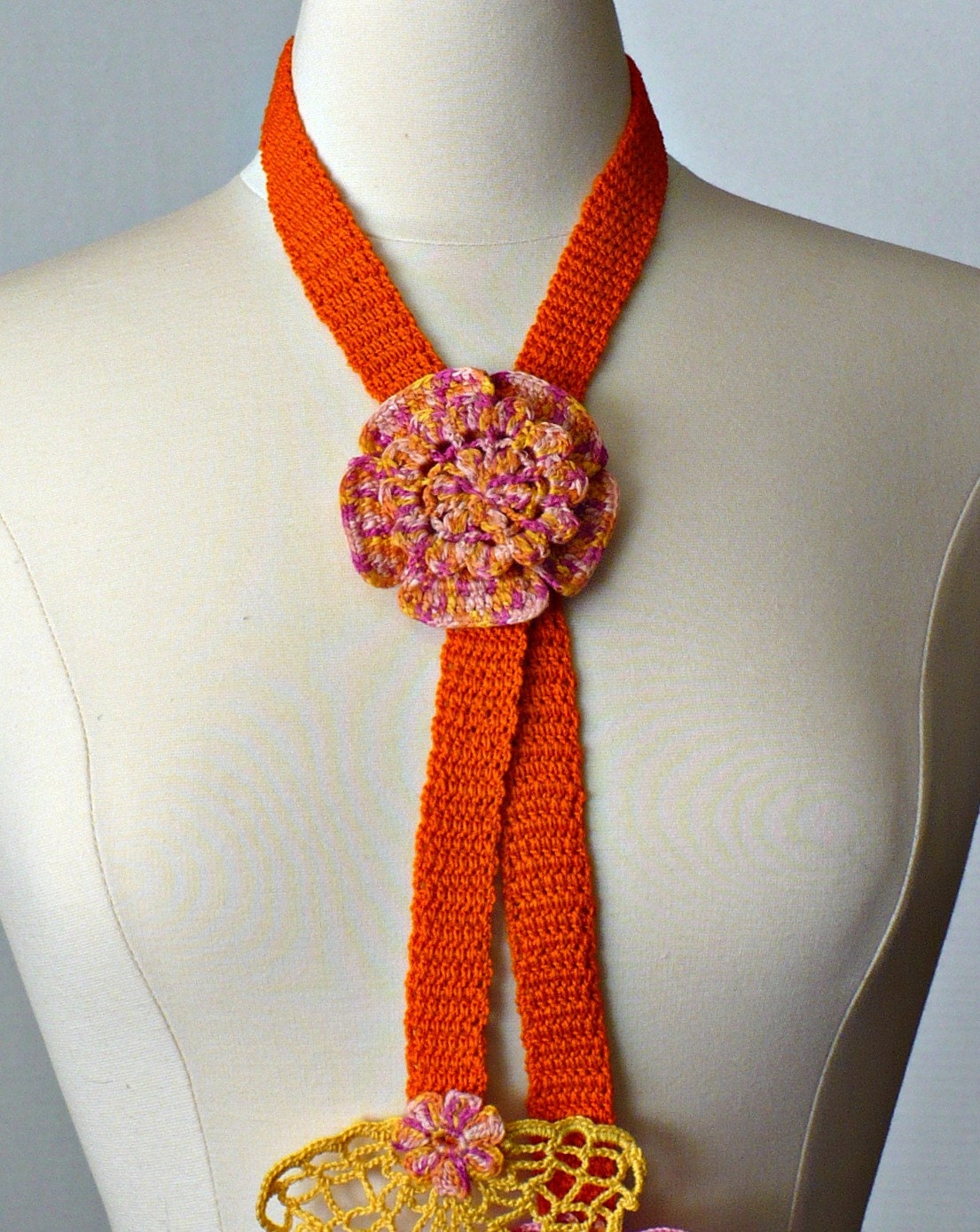 Crochet Necklace Lariat Irish Lace Crochet Flower in Orange Pink and Yellow