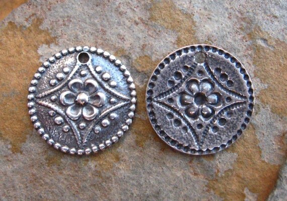 4 Antique Silver Embossed Flower Charm - Trinity Brass Co. LOW SHIPPING