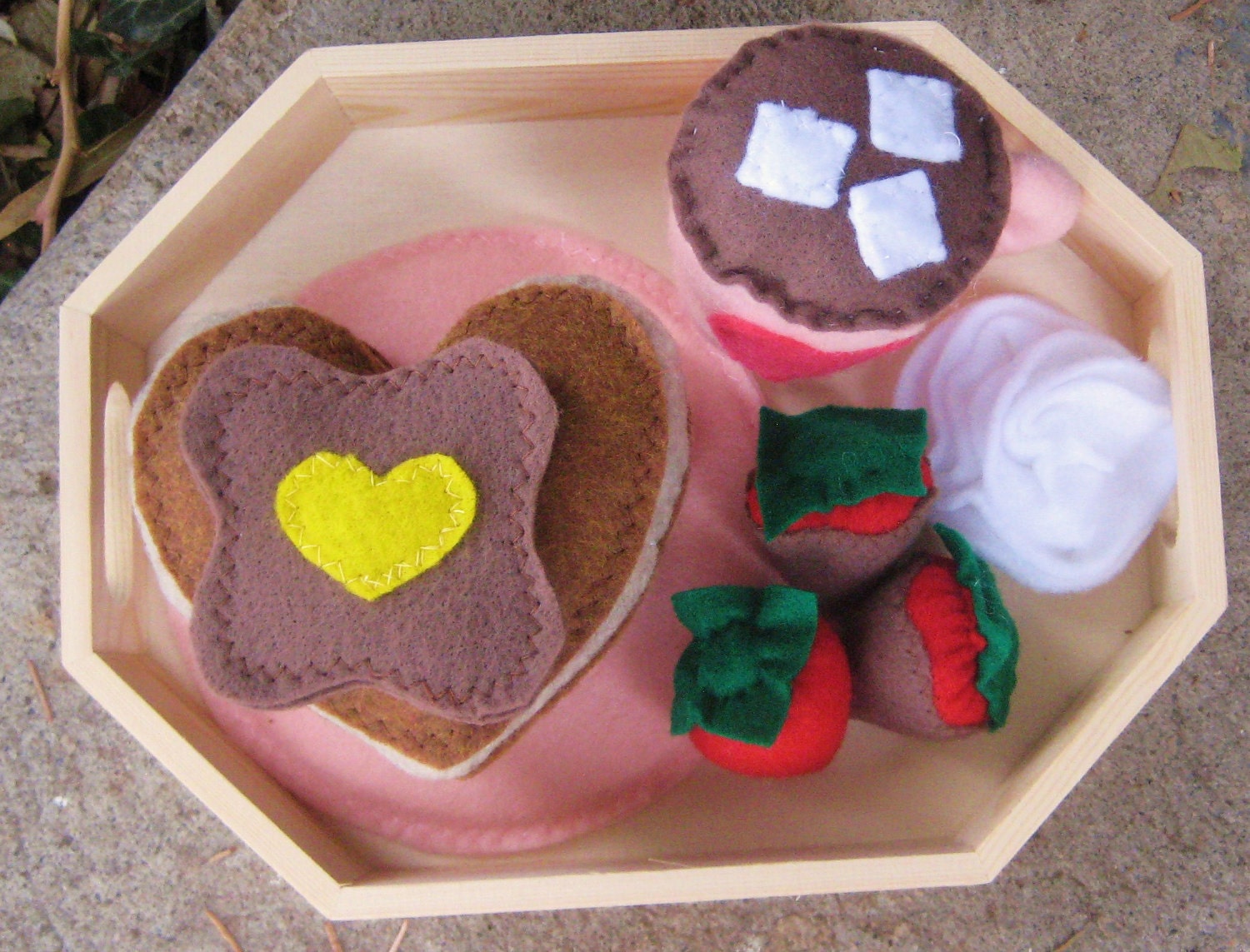Valentine's Breakfast in Bed Set - Heart shaped pancakes, cocoa, chocolate covered strawberries, handmade felt food