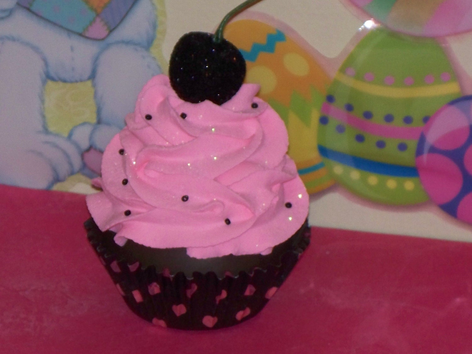 Fun Original Hot Pink and Black Polka Dot Chocolate Fake Cupcake Cherry,  Birthday Party Favor, Decor, Gift, Home, Display Stage Photo Prop