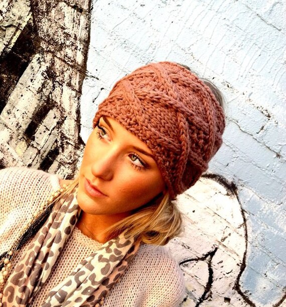 CARAMEL Knitted Headband- WIDE Cable Knit Ear Warmer Head Covering Adjustable Hair Wrap