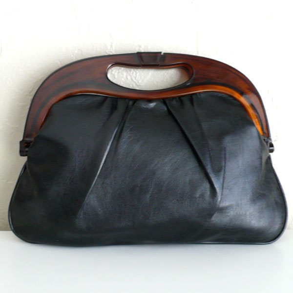 Vintage Black Leather Handbag with Plastic Handle