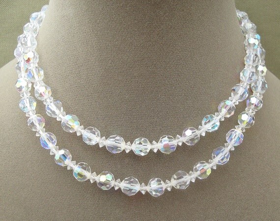 Long Vintage Crystals Aurora Borealis Bead Necklace