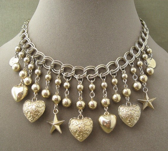 Hearts Charms Chains Necklace Vintage Dangles