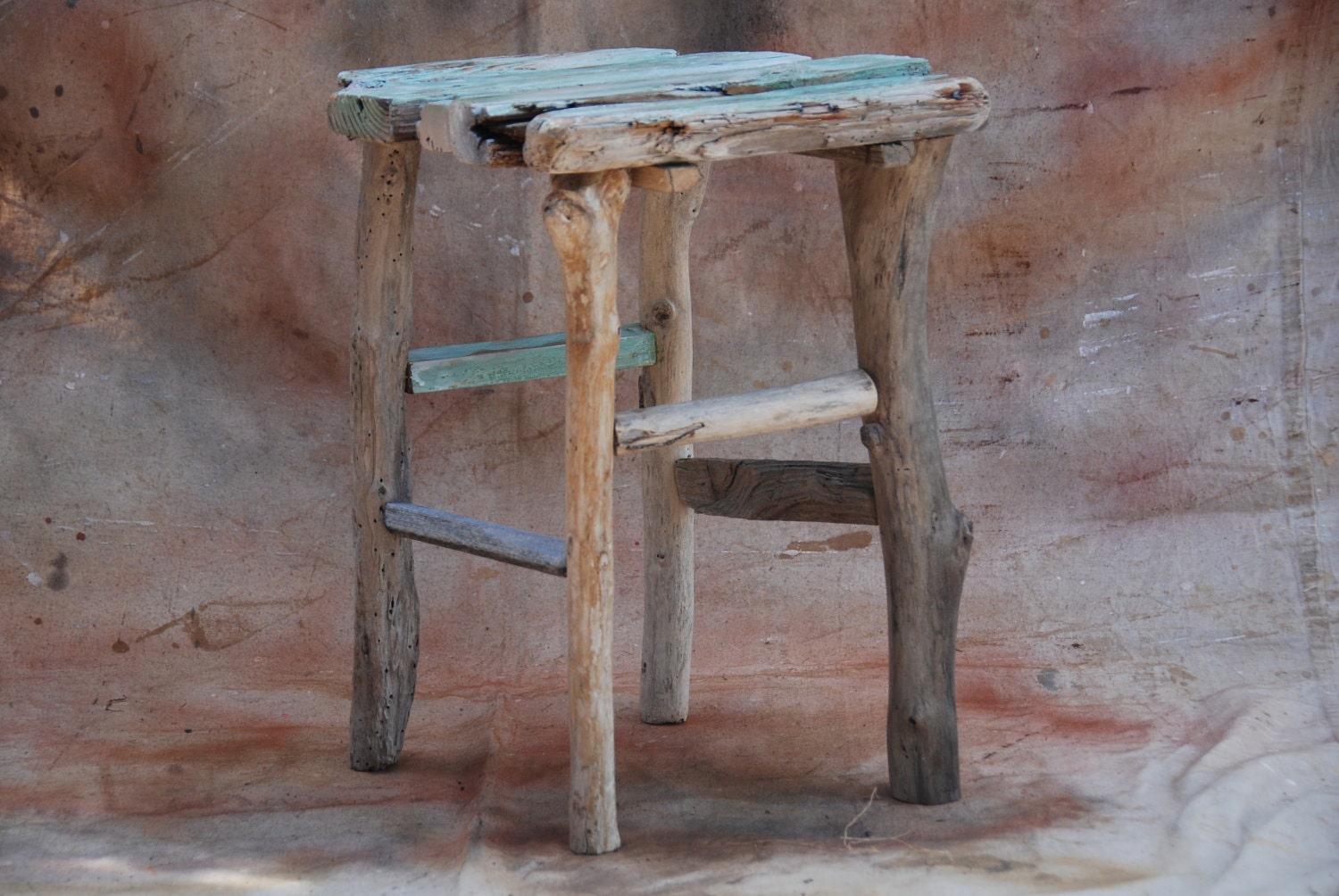 Driftwood side-table/stand - small decorative shabby-chic driftwood wine table/stand - aqua/green and gold detailed driftwood from Maui