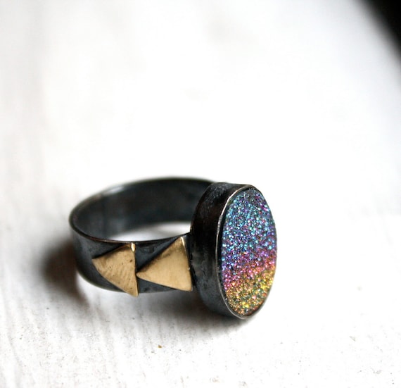 Malibu Rainbow Drusy Ring with Triangles- Handmade and One of a Kind by Rachel Pfeffer