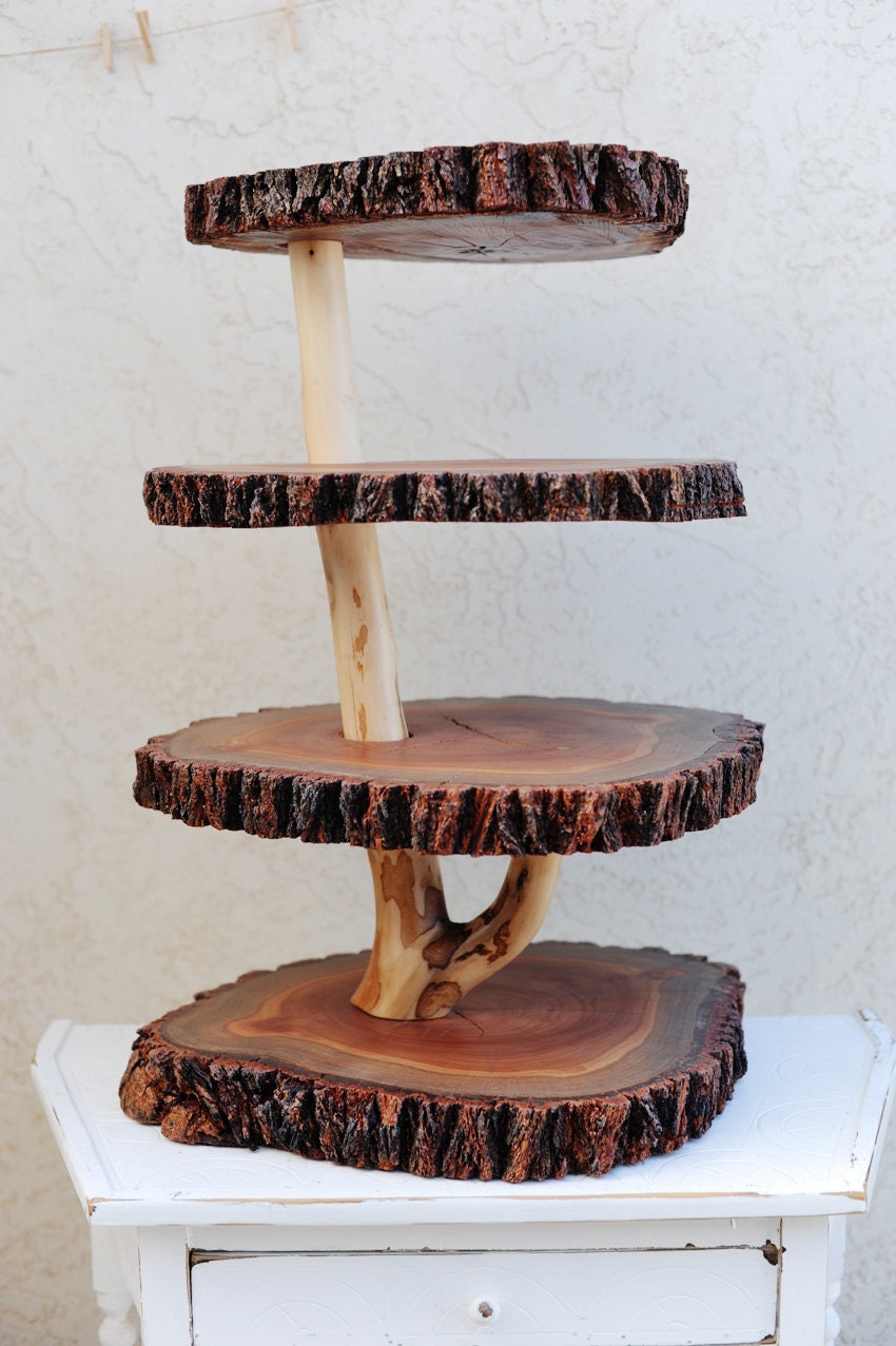 Rustic 4 tiered custom wood tree slice cupcake stand for wedding or party - X-Large Size