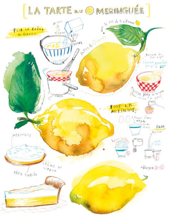 Lemon meringue pie recipe - 8X10 print - Kitchen poster - Food illustration - French cake recipe No 9- Food art