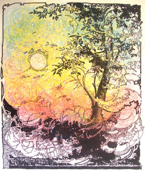 Original Drawing "Dreamy Sunset"  Mixed Media on Heavy Paper - Art Nouveau