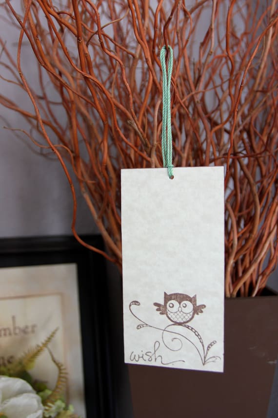 Set of 12 Wishing Tree Tags- Baby Owl With Green String - Baby or Bridal Shower