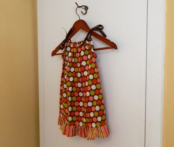 Toddler Dress - Pink & Brown Dots and Stripes - made to order  24 months 2t 3t 4t 5t