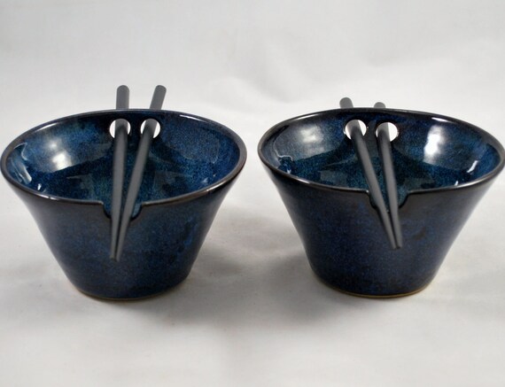 Set of Two Coblat Blue Rice Bowls with Chopstick Rest