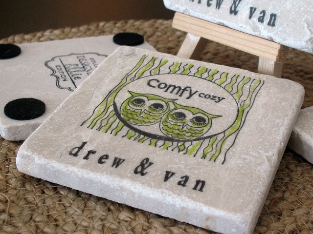 Personalized Drink Coasters, Lime Green Comfy Cozy Owl, Set of 4