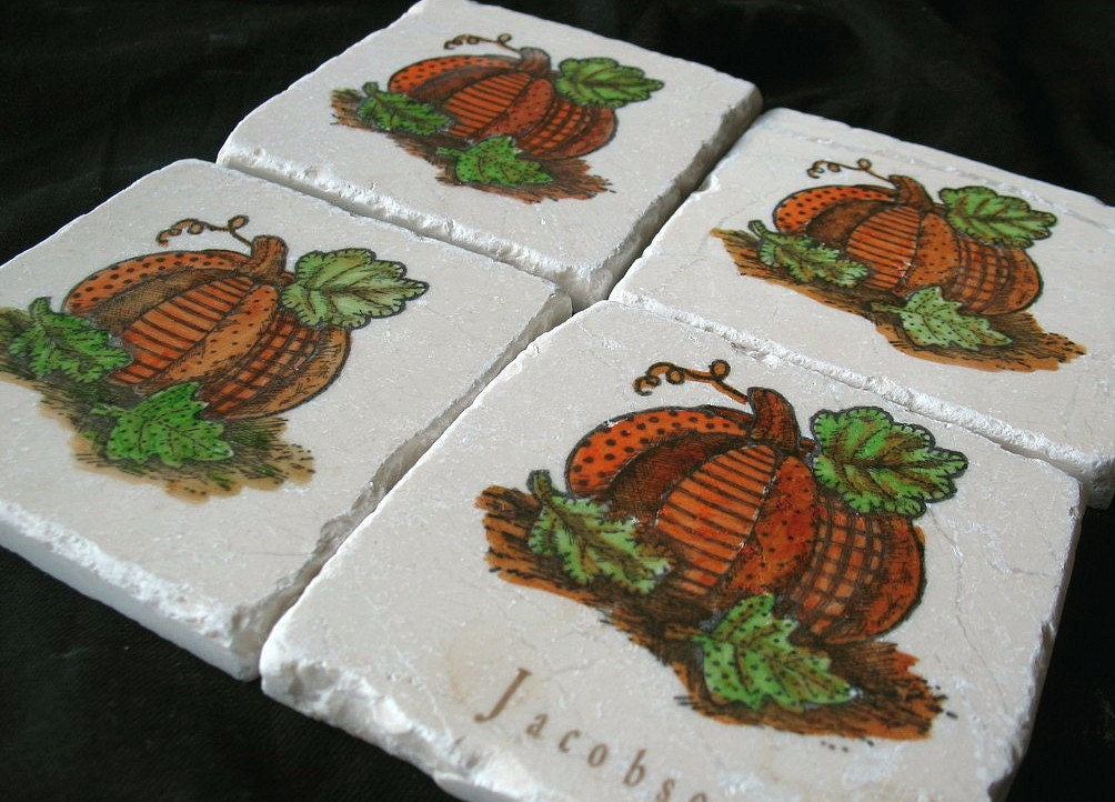 Patchwork Pumpkin Tile Coasters, Set of 4, Ready to Ship