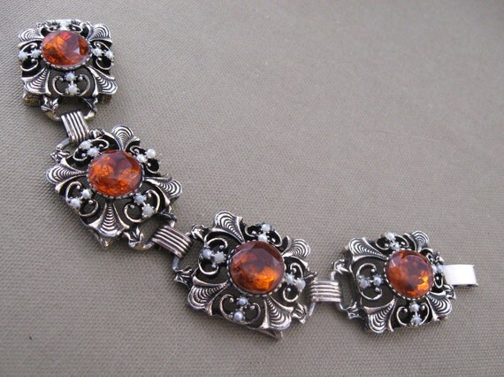 Vintage Chunky Rhinestone Bracelet Topaz Amber
