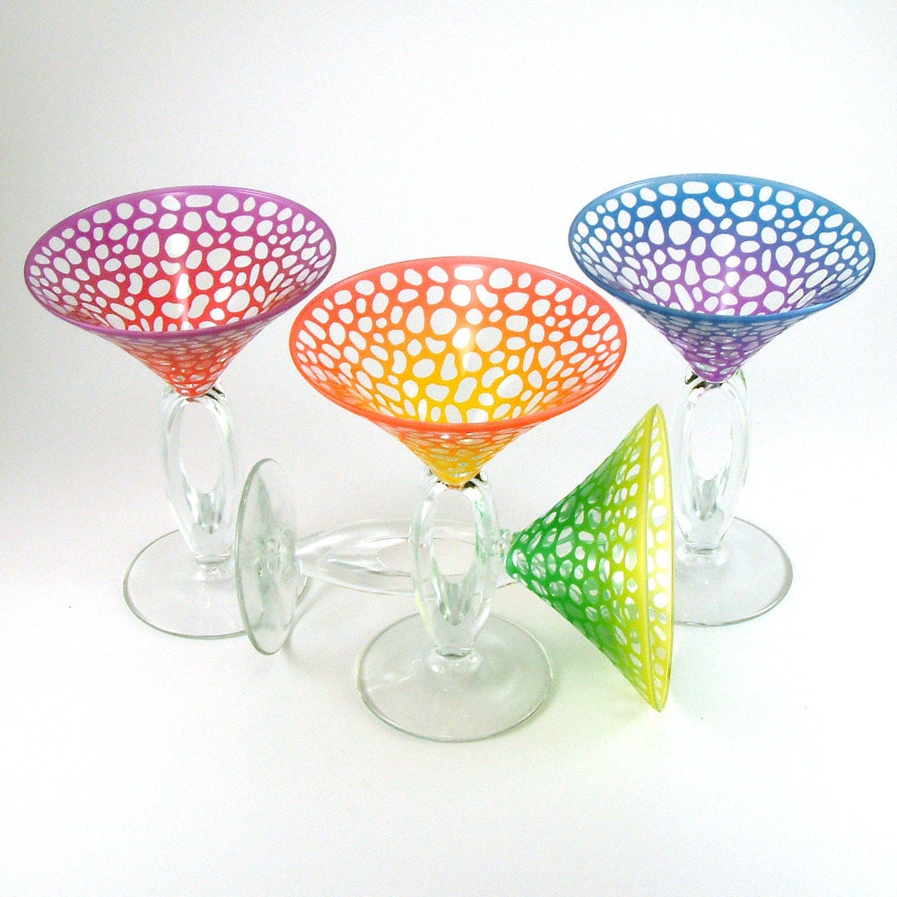Omega Martini Glasses - River Rocks - Assorted Color Set of 4 - Etched and Painted Glassware