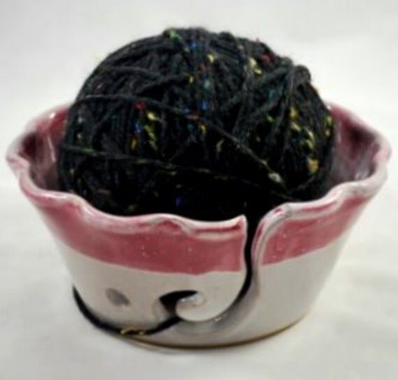 Weathered Burgundy and White Crochet or Knitting Bowl Gift for Her