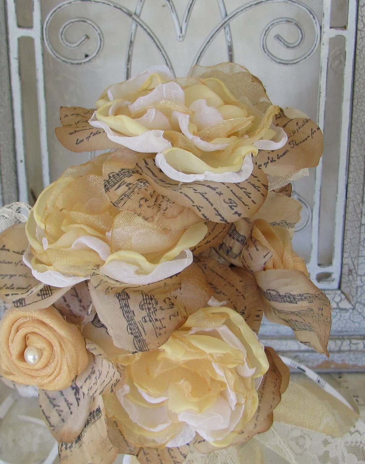 Brides or Bridesmaid  Flower Bouquet with Fabric and Hand stamped petals Custom order any color
