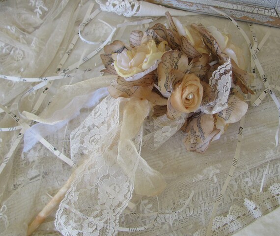 Brides or Bridesmaid  Flower Bouquet with Fabric and Hand stamped petals Custom order any color