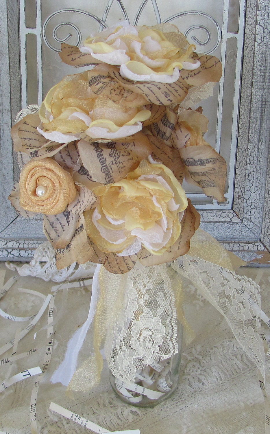 Brides or Bridesmaid  Flower Bouquet with Fabric and Hand stamped petals Custom order any color