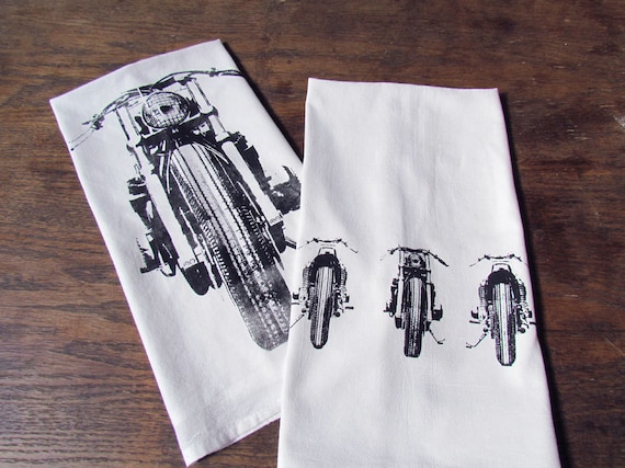 Motorcycle Duo Tea Towels, Set of 2, printed in Black on White Floursack