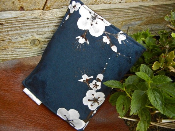 Kindle 4 Wifi Cover, Nook Cover, e-reader Cover-Navy Blue Suede Padded Book Style Cover Hand Painted with Cherry Blossoms