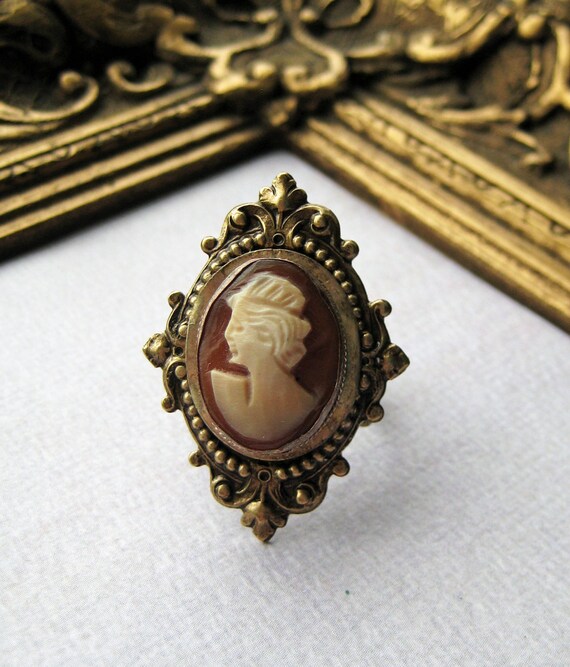 Authentic Antique Cameo Ring hand carved in ornate brass setting adjustable