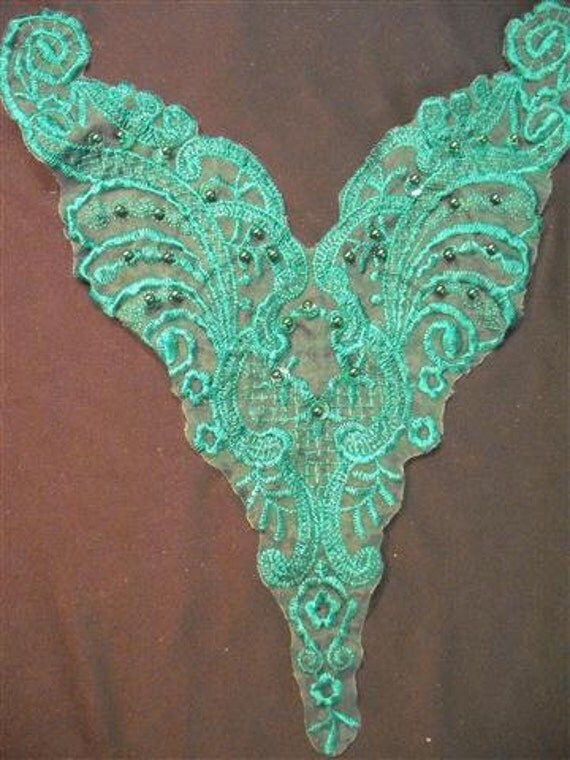 Dress It Up - Large Vintage Beaded Pearl and Sequin Green Applique Yoke (V)
