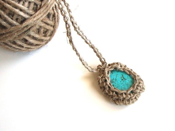 Linen necklace turquoise natural spring fashion eco jewelry