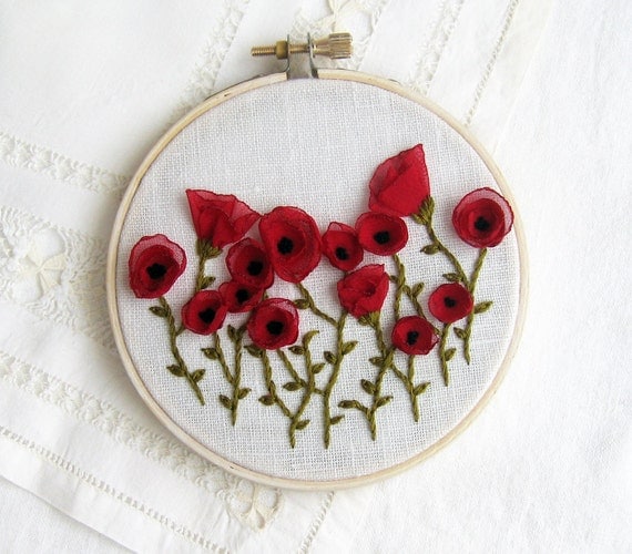 Hand Embroidered Red Poppies Wall Decor