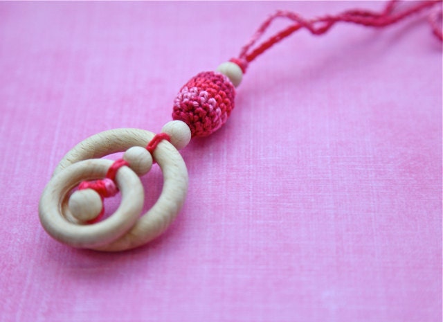 Teething rings nursing necklace with wooden olive, berry teething toy.