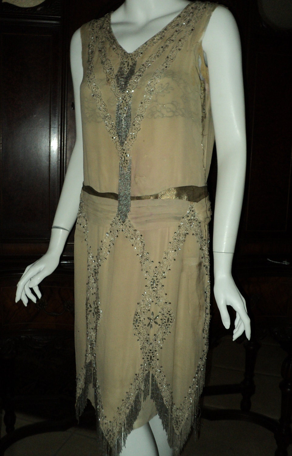Antique 1920s Beaded Flapper Dress Rhinestones Art Deco beaded fringe Gold lame sash TLC fabulous design