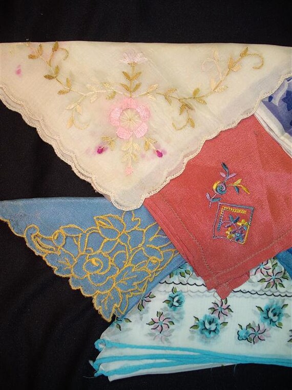 Handkerchiefs Hankies - Vintage Assortment of 6  - Silkl - (H) - Hanky Panky