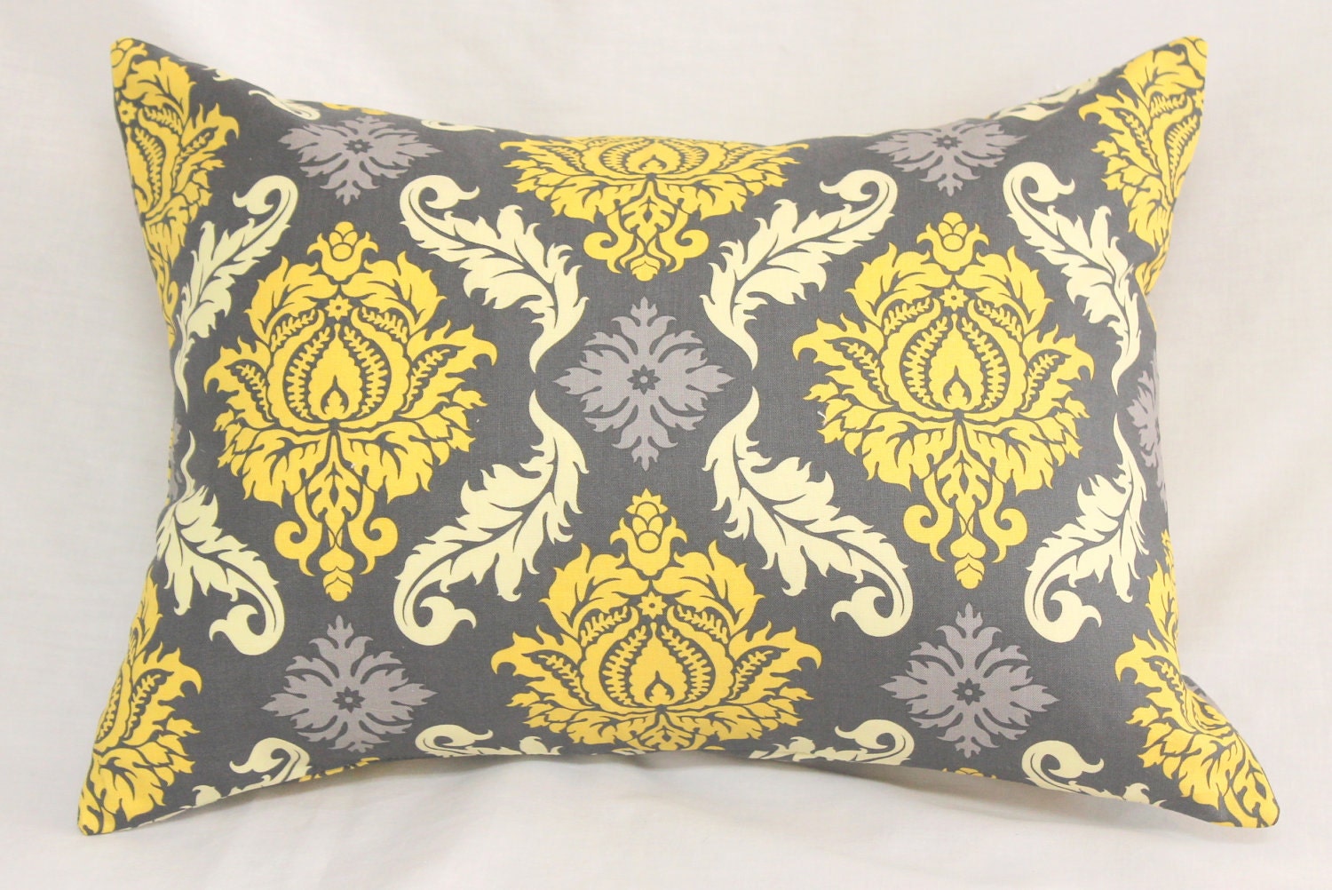 Decorative Pillow Cover Granite Gray & Mustard Yellow Damask 12 x 16 Accent Lumbar