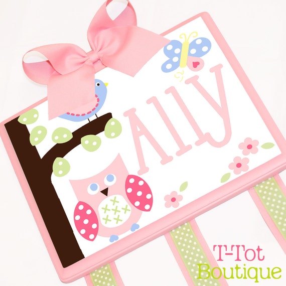 Personalized Owl, Butterflies, and Birds Hand-Painted Hair Bow Holder-personalized, dots, bow, hair, holder, accessories