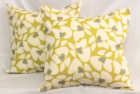 2 Decorative Pillow Covers Modern Floral . Vintage Yellow Olive Pear Citron & Gray . 18 x 18