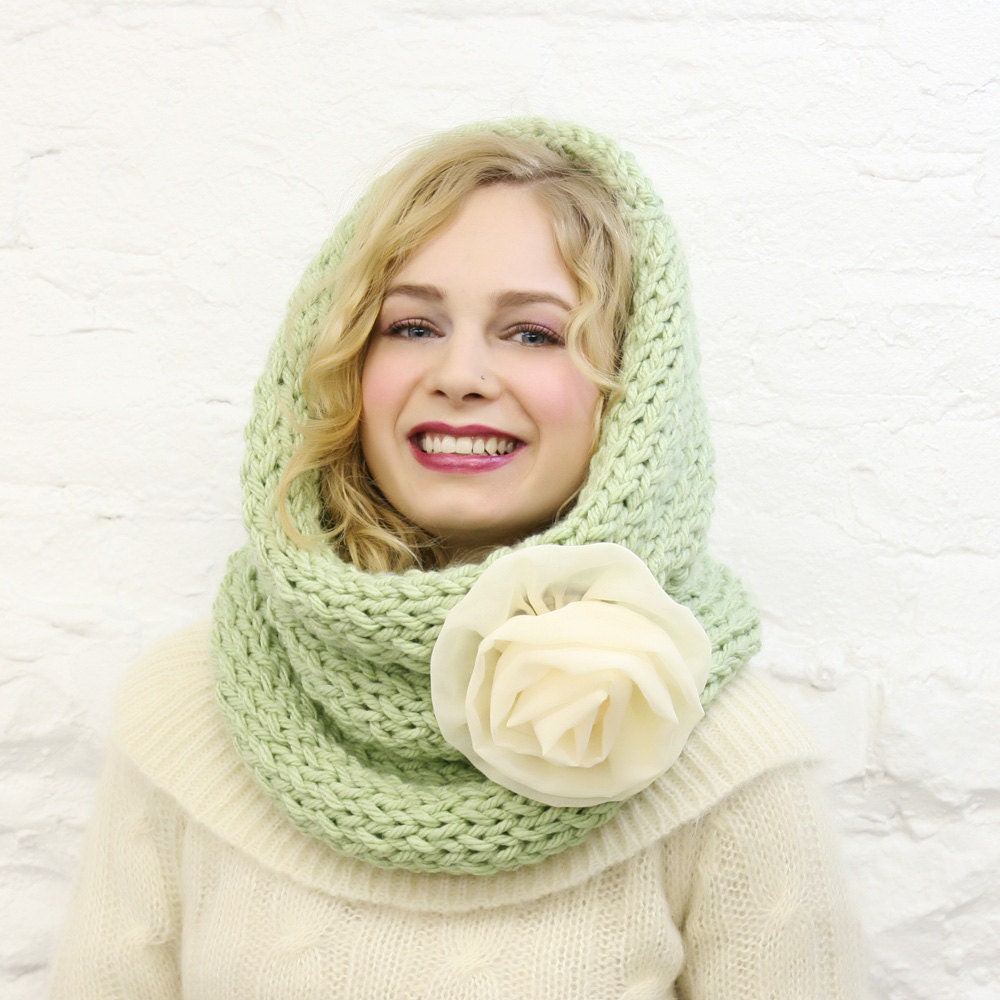 SALE Mint Green Large Infinity Scarf  with Ivory Chiffon Flower Ready to Ship