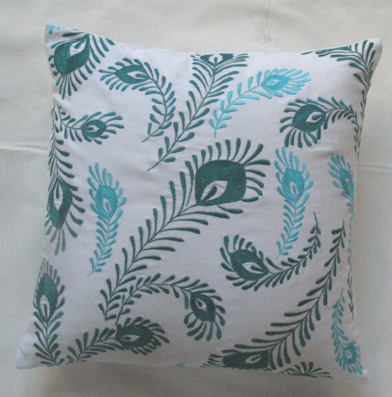 white and blue peacock feather throw pillow 18 inch decorative cushion cover
