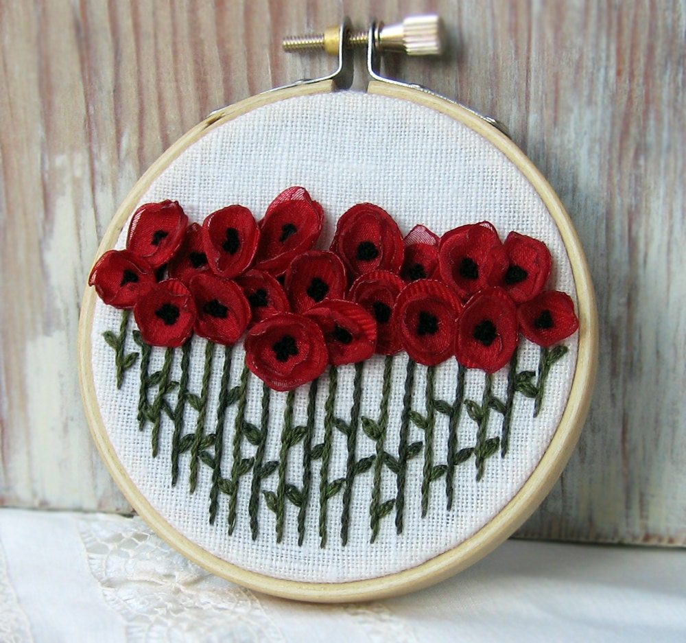 Red Poppies Fiber Art Embroidered Wall Decor