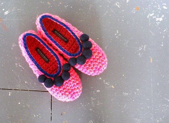 Pink Crochet Slippers With Felt Pom Pom, OOAK