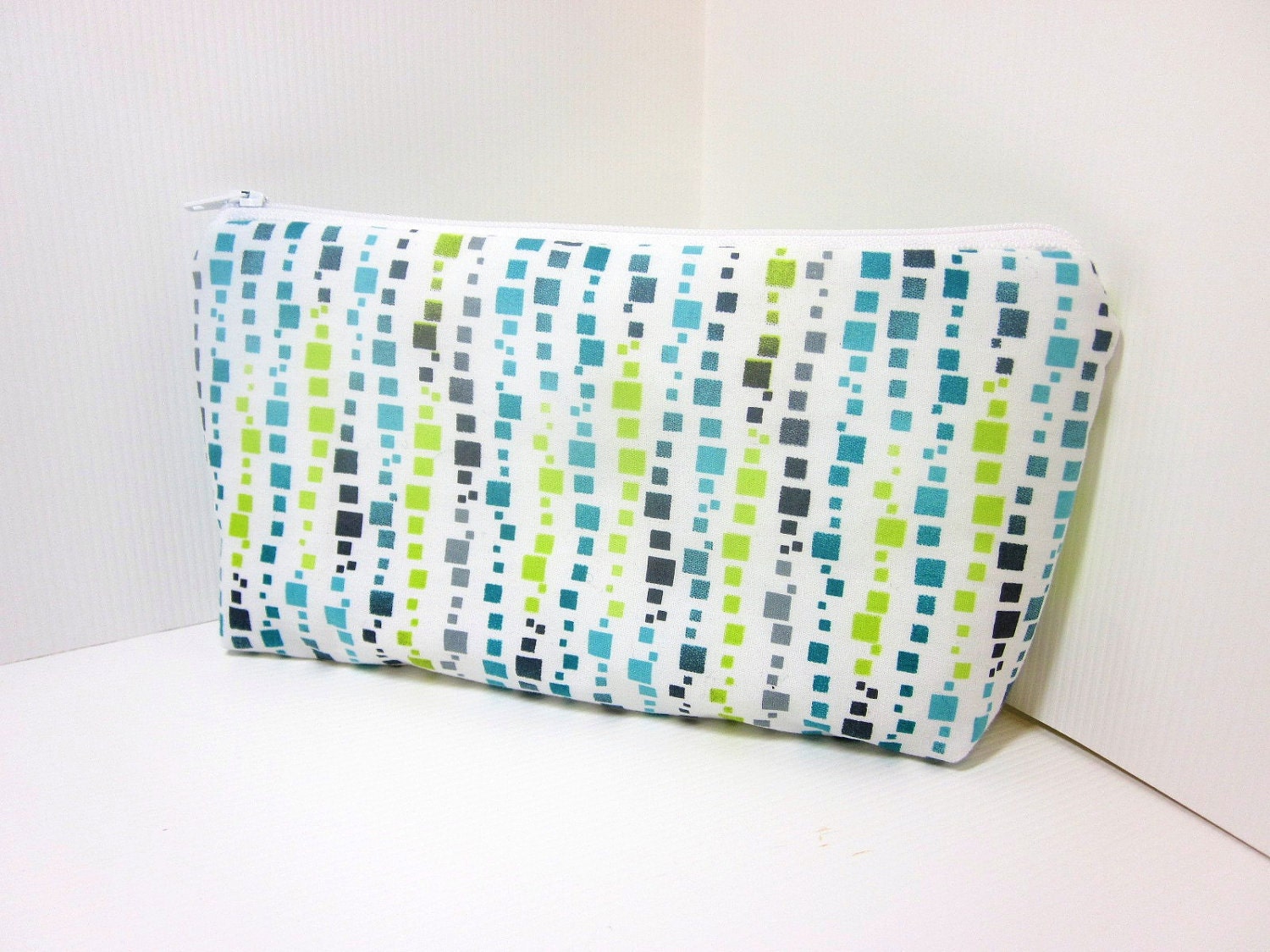 Medium Cotton Cosmetic Pouch - Limes and Blues Stepping Stones