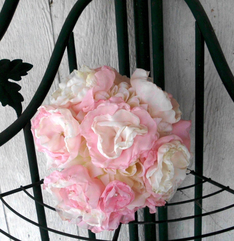 Wedding Bouquet, Chiffon Peonies, Bridal, Vintage, Baby Pink and Ivory, Fabric flower Bouquet