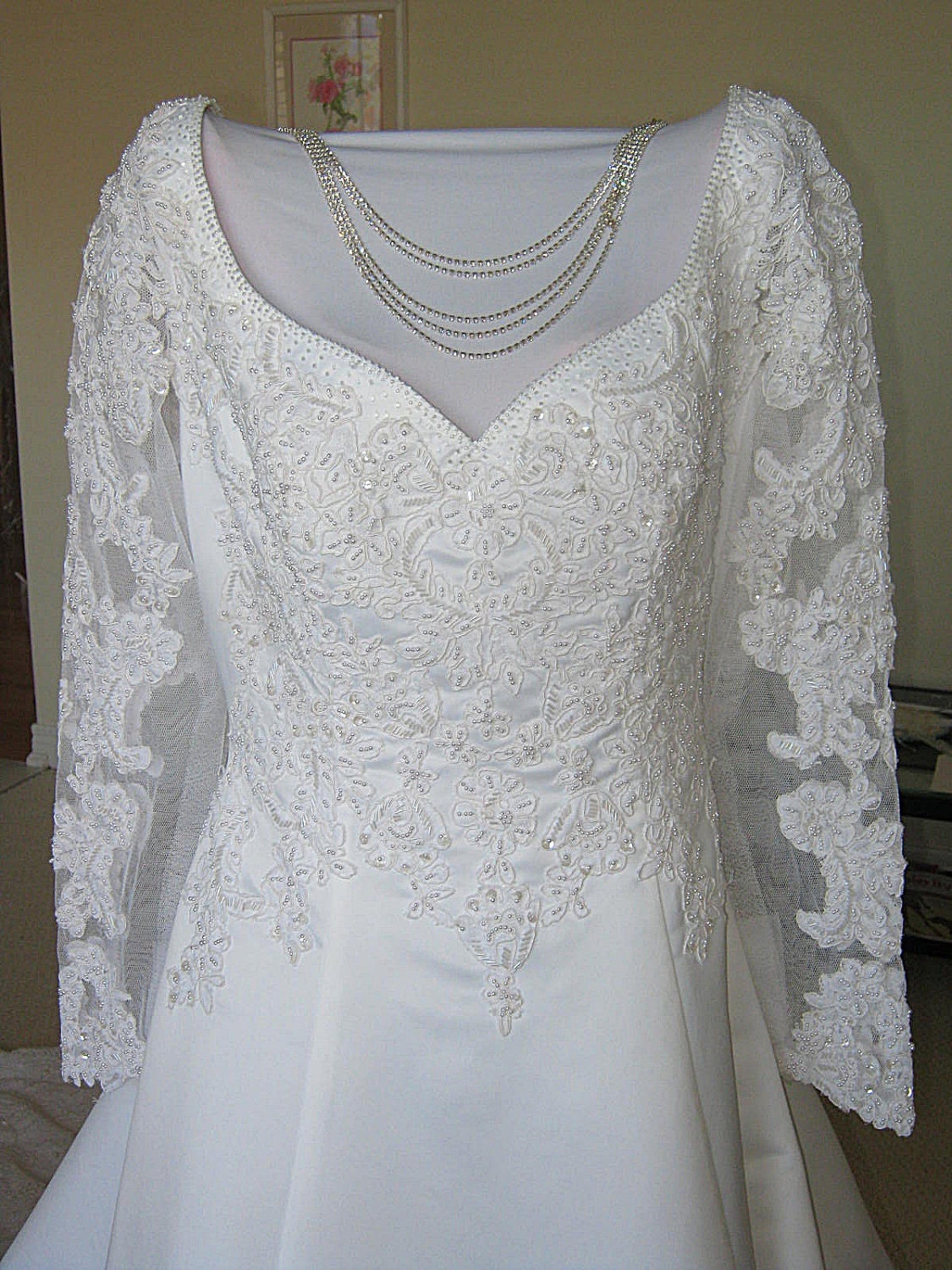 Beautiful Vintage 80s Lacy White Satin with Pearl Beading Long Sleeve Bridal 