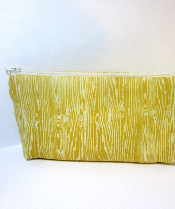Medium Cotton Cosmetic Pouch - Mustard Wood Grain