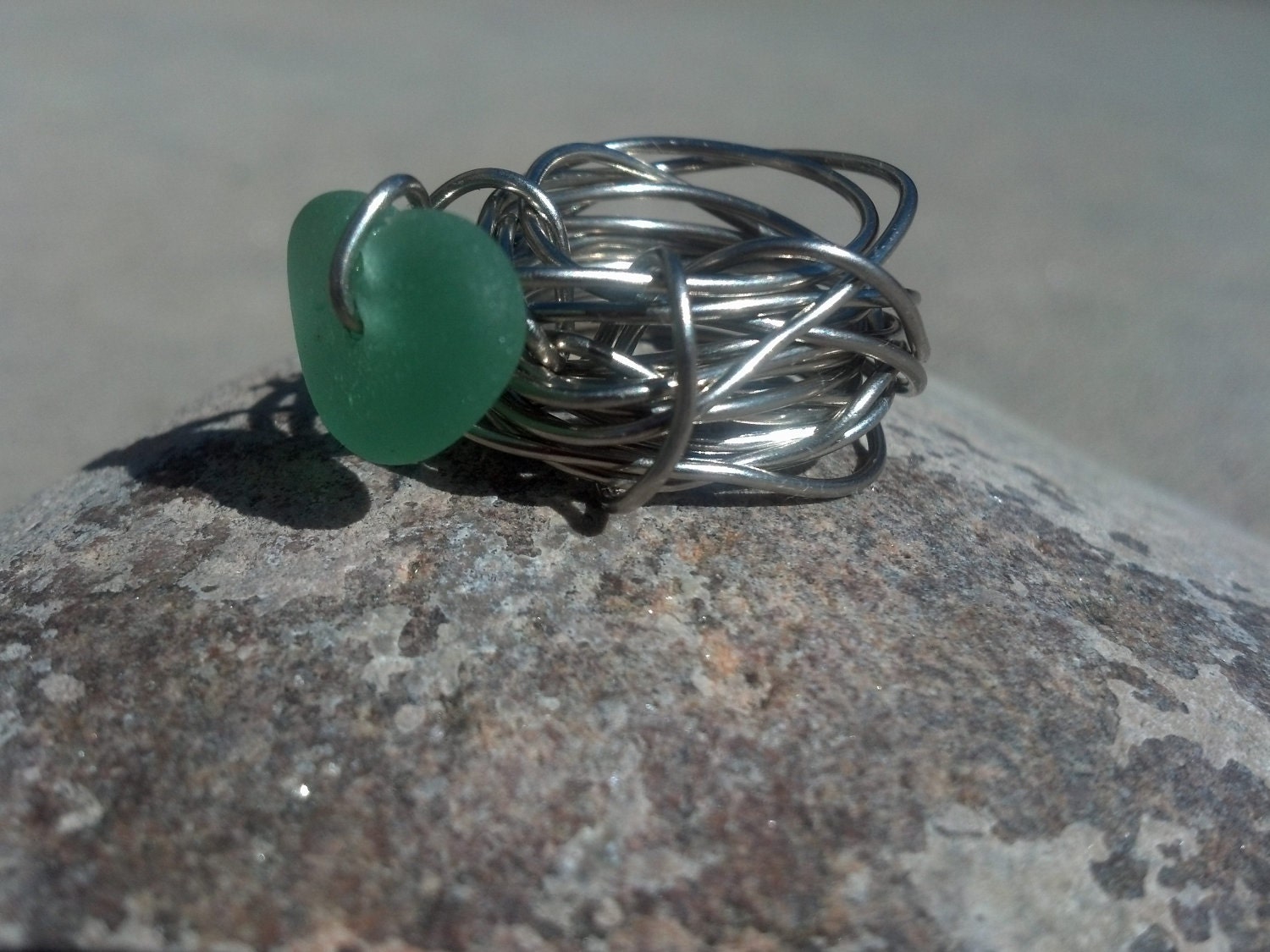 Green with Envy Beach Glass Heart Ring size 6 3/4 US