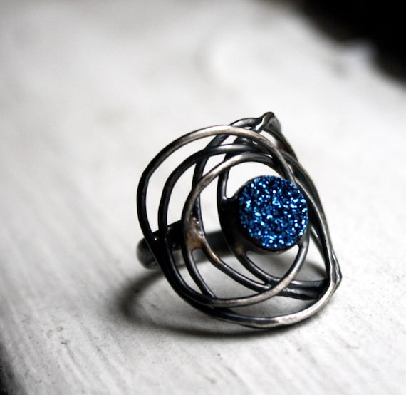 Blue Drusy Galaxy Ring- Handmade Sterling Silver