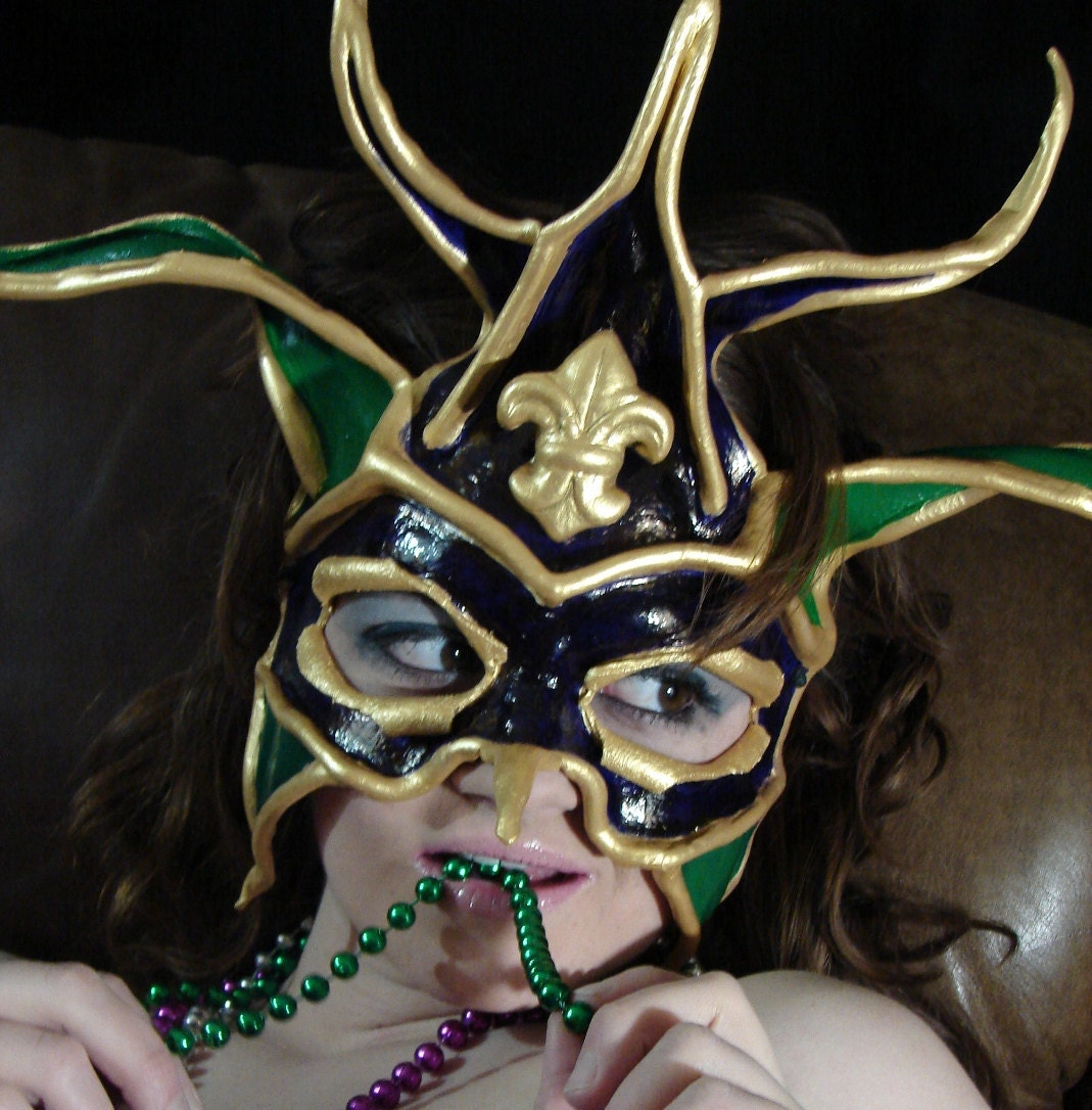 Leather Mardi Gras Purple Green Gold Jester Costume Mask