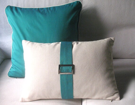solid sea green throw pillow cover with cream piping