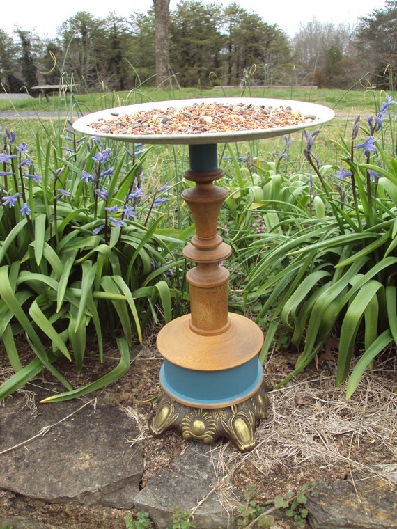 OOAK Bird Feeder from a recycled candlestick holder, metal plate, lamp base and found items