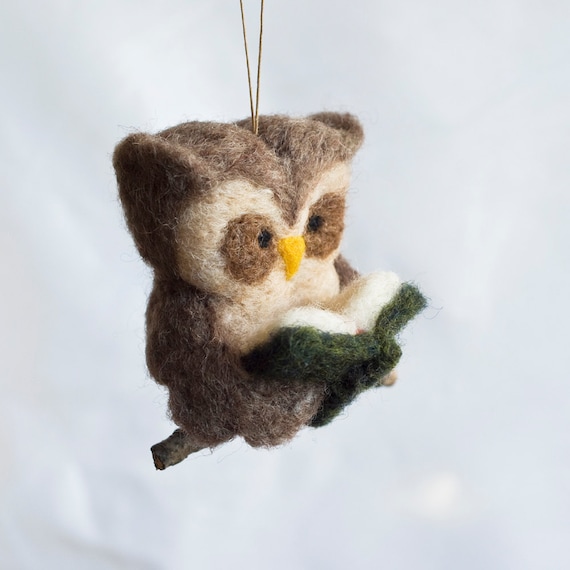 Needle Felted Owl Ornament - Reading